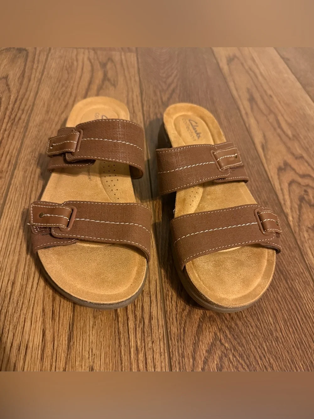 Clarks April Dusk Brown Buckle Comfort Straps Slide Sandals Wedge Women's US 10